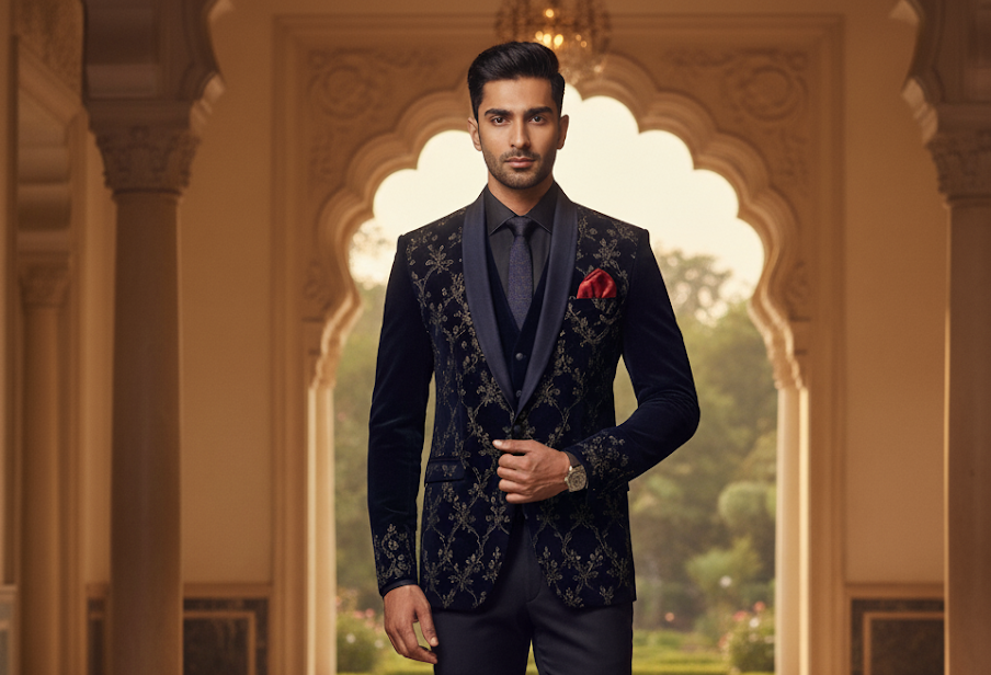 A well-dressed man in a bespoke suit stands in a tailor's workshop.